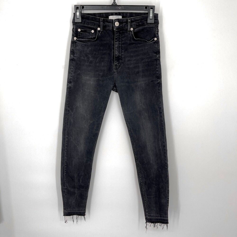 Zara Women Premium Skinny Frayed Hem Jeans Size 4 Black Stretchy